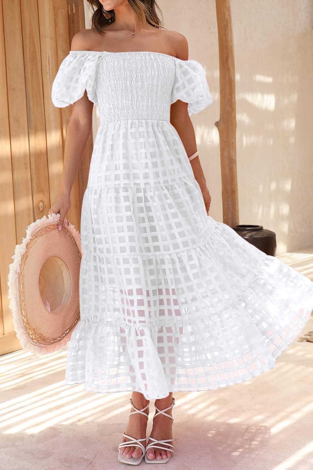 imagePRETTYGARDEN Womens Casual Summer Dress Puffy Short Sleeve Square Neck Smocked Tiered A Line Maxi Long DressesPlaid Beige White