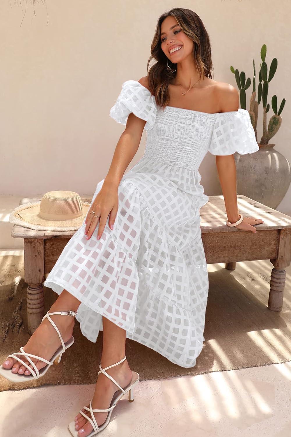 imagePRETTYGARDEN Womens Casual Summer Dress Puffy Short Sleeve Square Neck Smocked Tiered A Line Maxi Long DressesPlaid Beige White