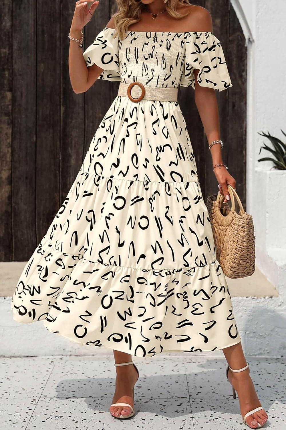 imagePRETTYGARDEN Womens Casual Summer Dress Puffy Short Sleeve Square Neck Smocked Tiered A Line Maxi Long DressesPrint Apricot