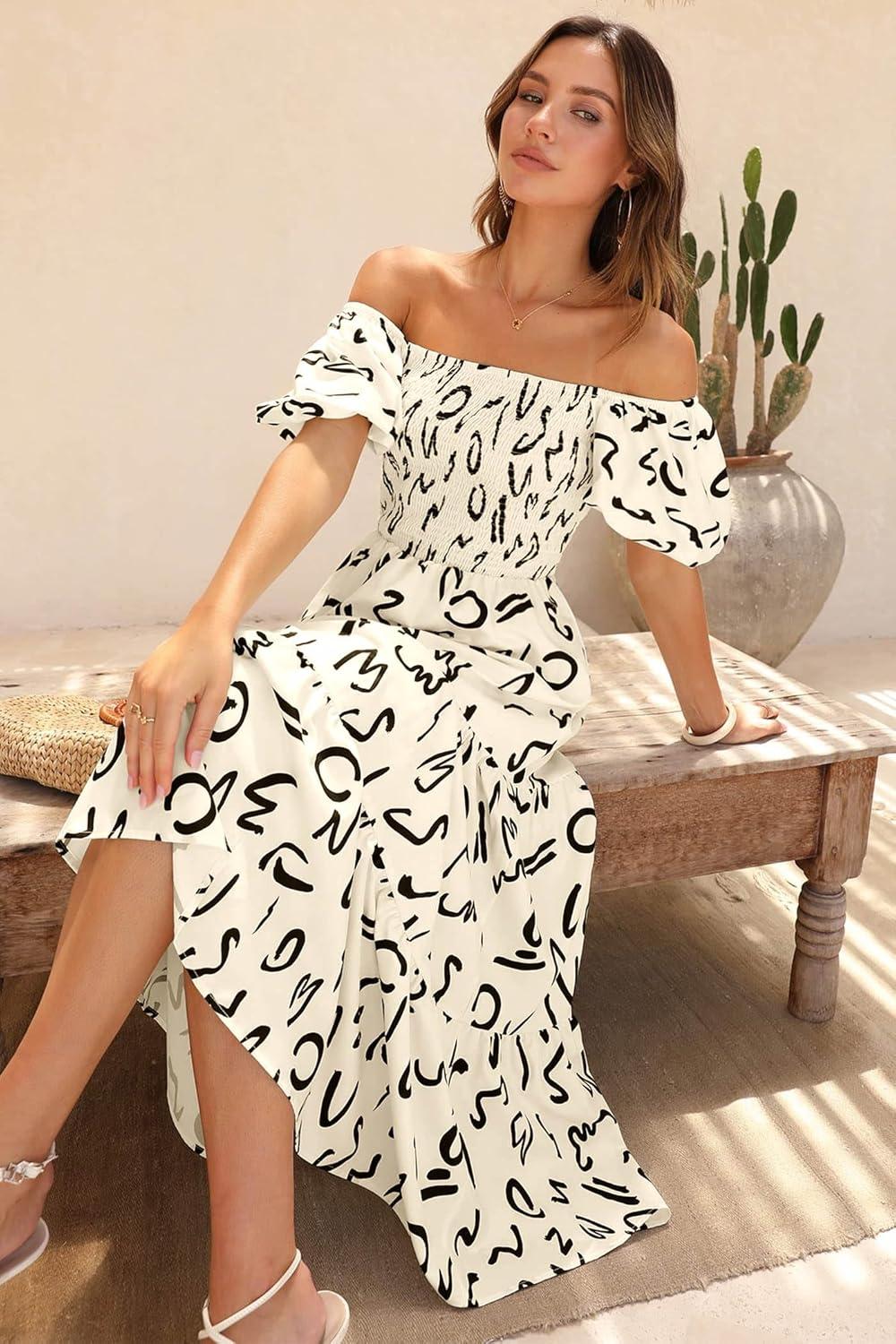 imagePRETTYGARDEN Womens Casual Summer Dress Puffy Short Sleeve Square Neck Smocked Tiered A Line Maxi Long DressesPrint Apricot