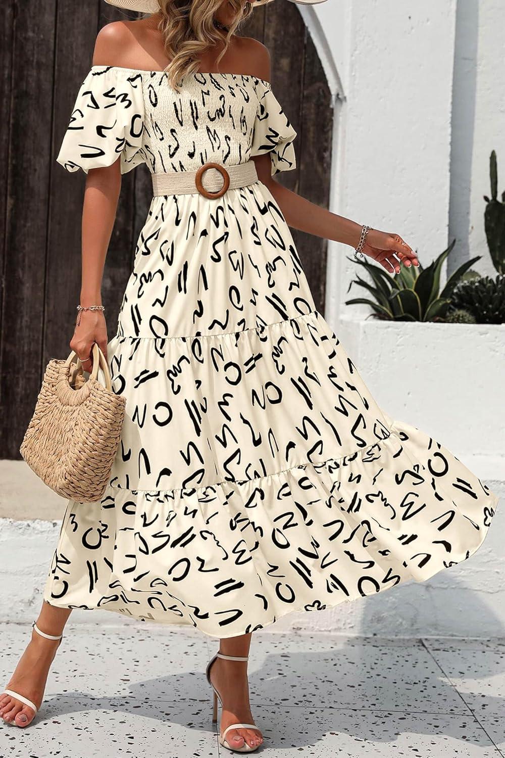 imagePRETTYGARDEN Womens Casual Summer Dress Puffy Short Sleeve Square Neck Smocked Tiered A Line Maxi Long DressesPrint Apricot