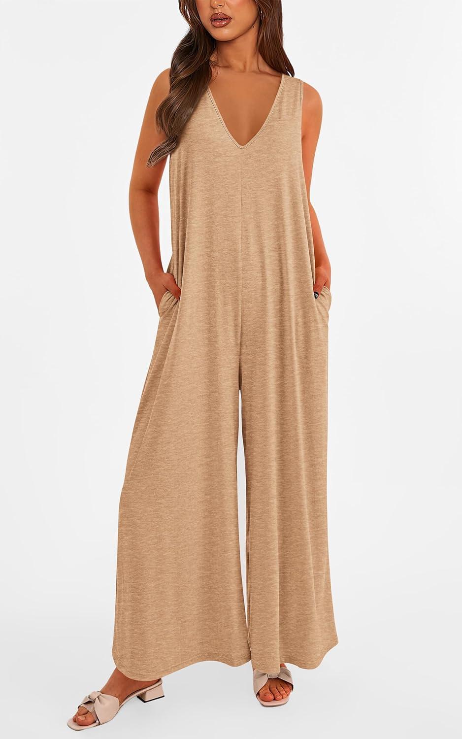 imagePRETTYGARDEN Womens Casual Summer Overall Jumpsuits Sleeveless Tank V Neck Wide Leg Loose One Piece Romper Beige YellowLarge