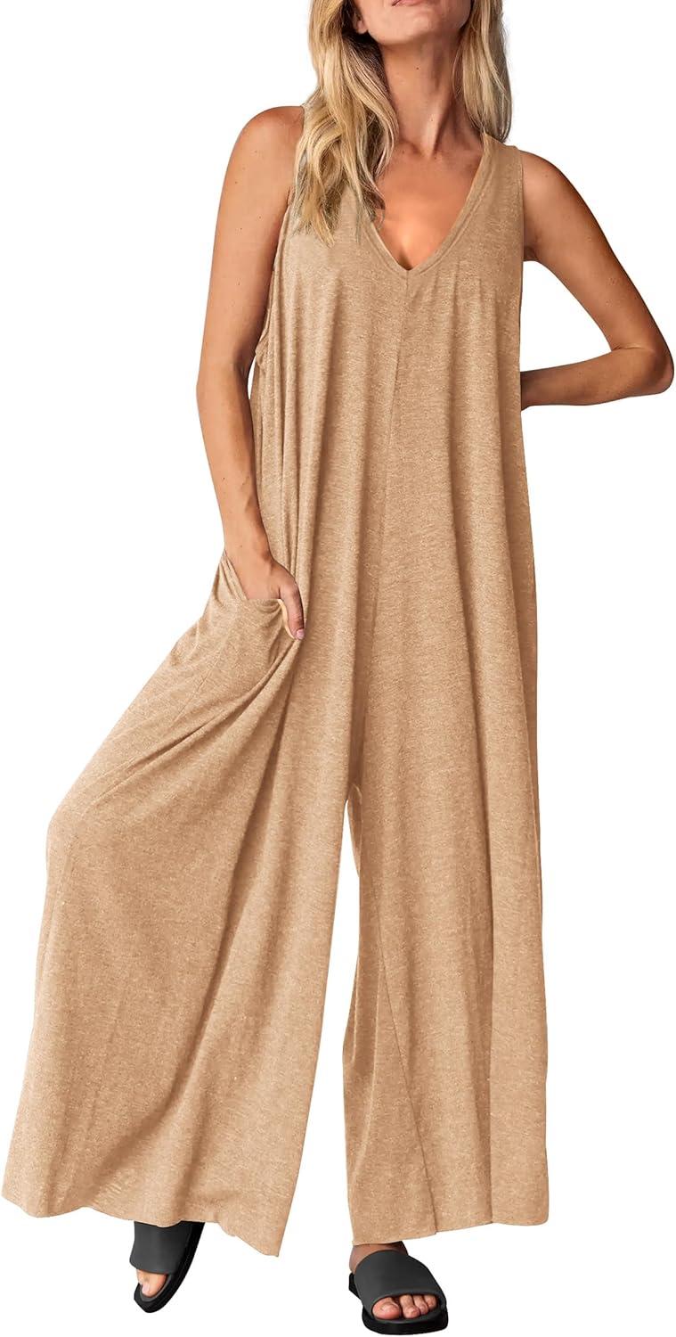 imagePRETTYGARDEN Womens Casual Summer Overall Jumpsuits Sleeveless Tank V Neck Wide Leg Loose One Piece Romper Beige YellowLarge