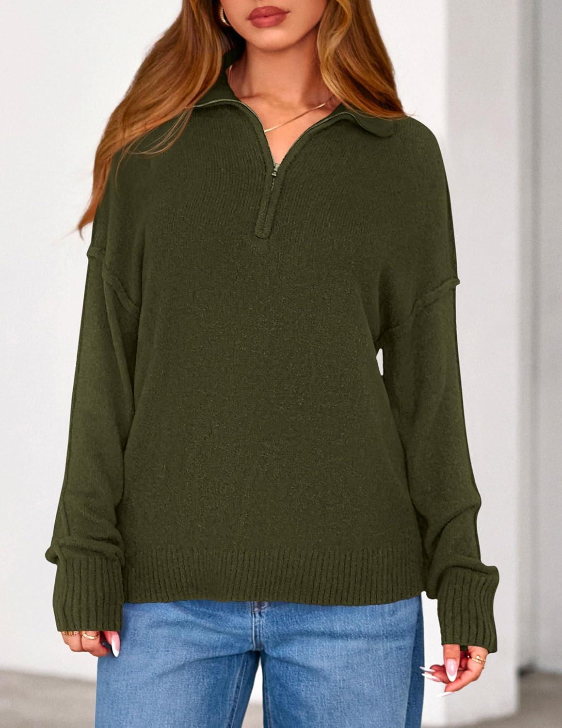 imagePRETTYGARDEN Womens Fall Quarter Zip Pullover Sweaters 2026 Dressy Casual Long Sleeve V Neck Collared Knit Jumper TopsArmy Green
