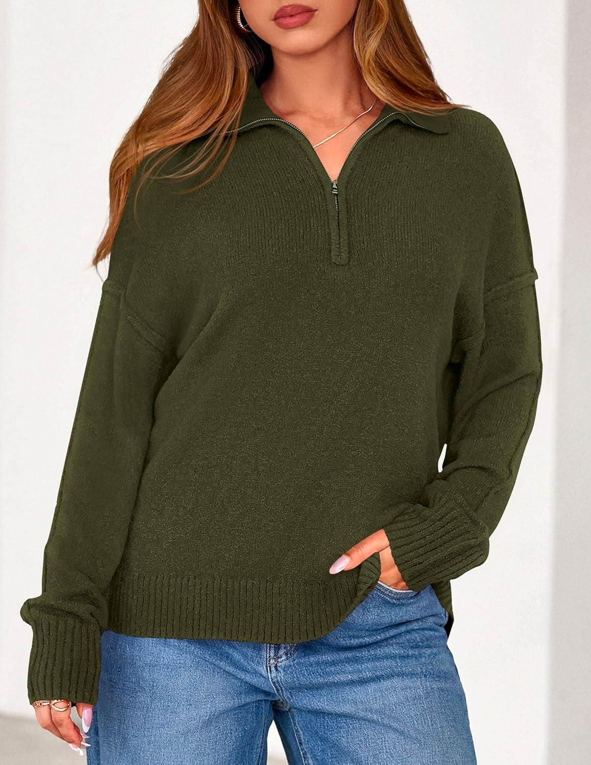 imagePRETTYGARDEN Womens Fall Quarter Zip Pullover Sweaters 2026 Dressy Casual Long Sleeve V Neck Collared Knit Jumper TopsArmy Green