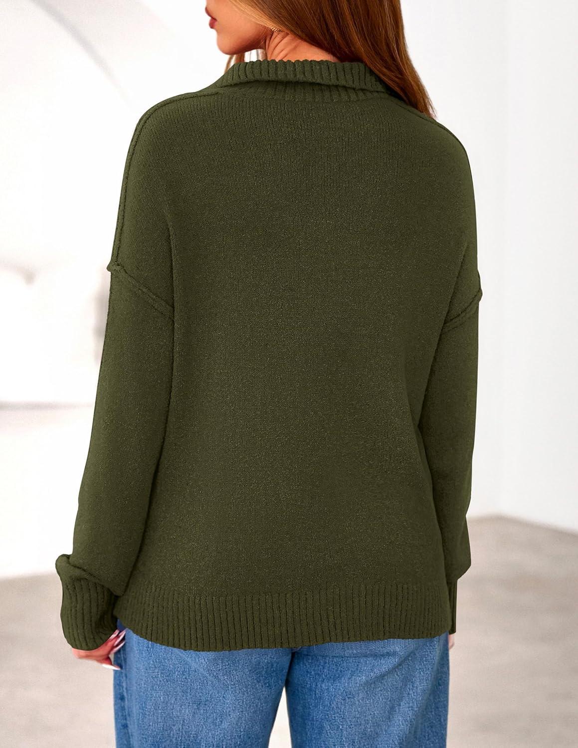 imagePRETTYGARDEN Womens Fall Quarter Zip Pullover Sweaters 2026 Dressy Casual Long Sleeve V Neck Collared Knit Jumper TopsArmy Green