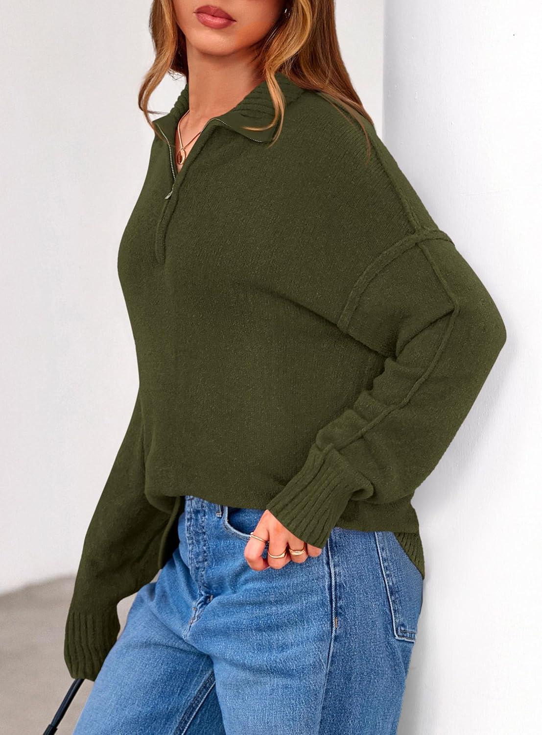 imagePRETTYGARDEN Womens Fall Quarter Zip Pullover Sweaters 2026 Dressy Casual Long Sleeve V Neck Collared Knit Jumper TopsArmy Green