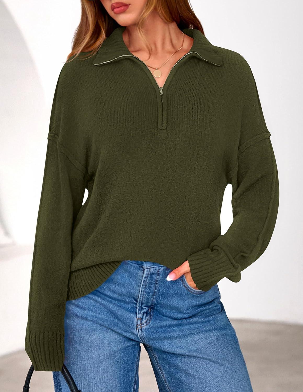 imagePRETTYGARDEN Womens Fall Quarter Zip Pullover Sweaters 2026 Dressy Casual Long Sleeve V Neck Collared Knit Jumper TopsArmy Green