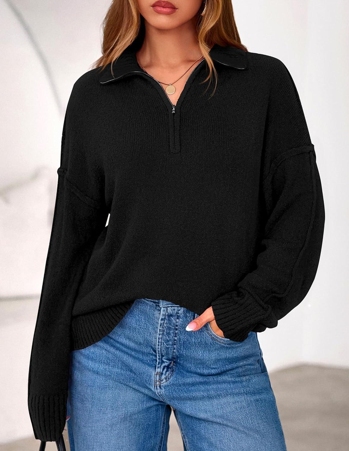 imagePRETTYGARDEN Womens Fall Quarter Zip Pullover Sweaters 2026 Dressy Casual Long Sleeve V Neck Collared Knit Jumper TopsBlack