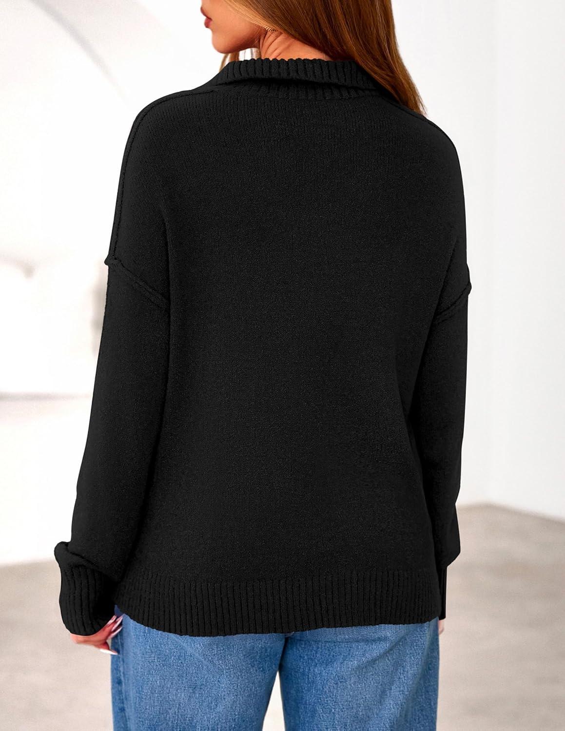 imagePRETTYGARDEN Womens Fall Quarter Zip Pullover Sweaters 2026 Dressy Casual Long Sleeve V Neck Collared Knit Jumper TopsBlack