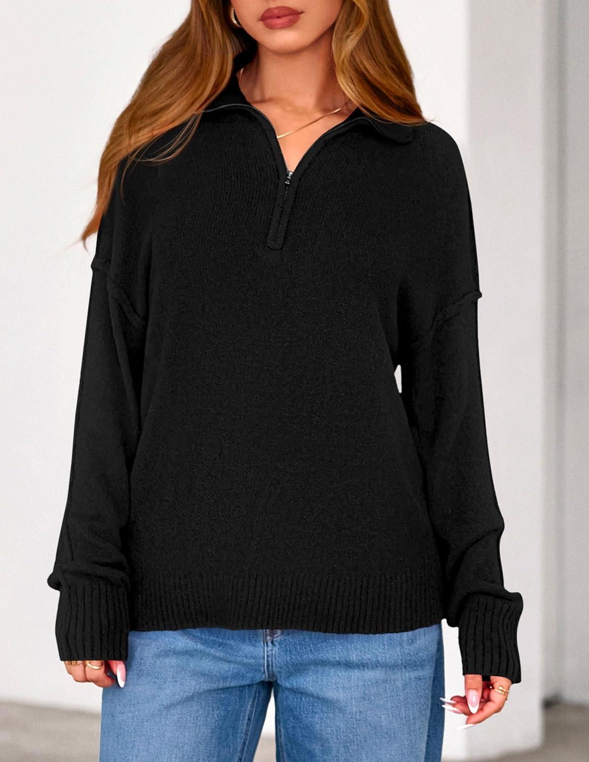 imagePRETTYGARDEN Womens Fall Quarter Zip Pullover Sweaters 2026 Dressy Casual Long Sleeve V Neck Collared Knit Jumper TopsBlack