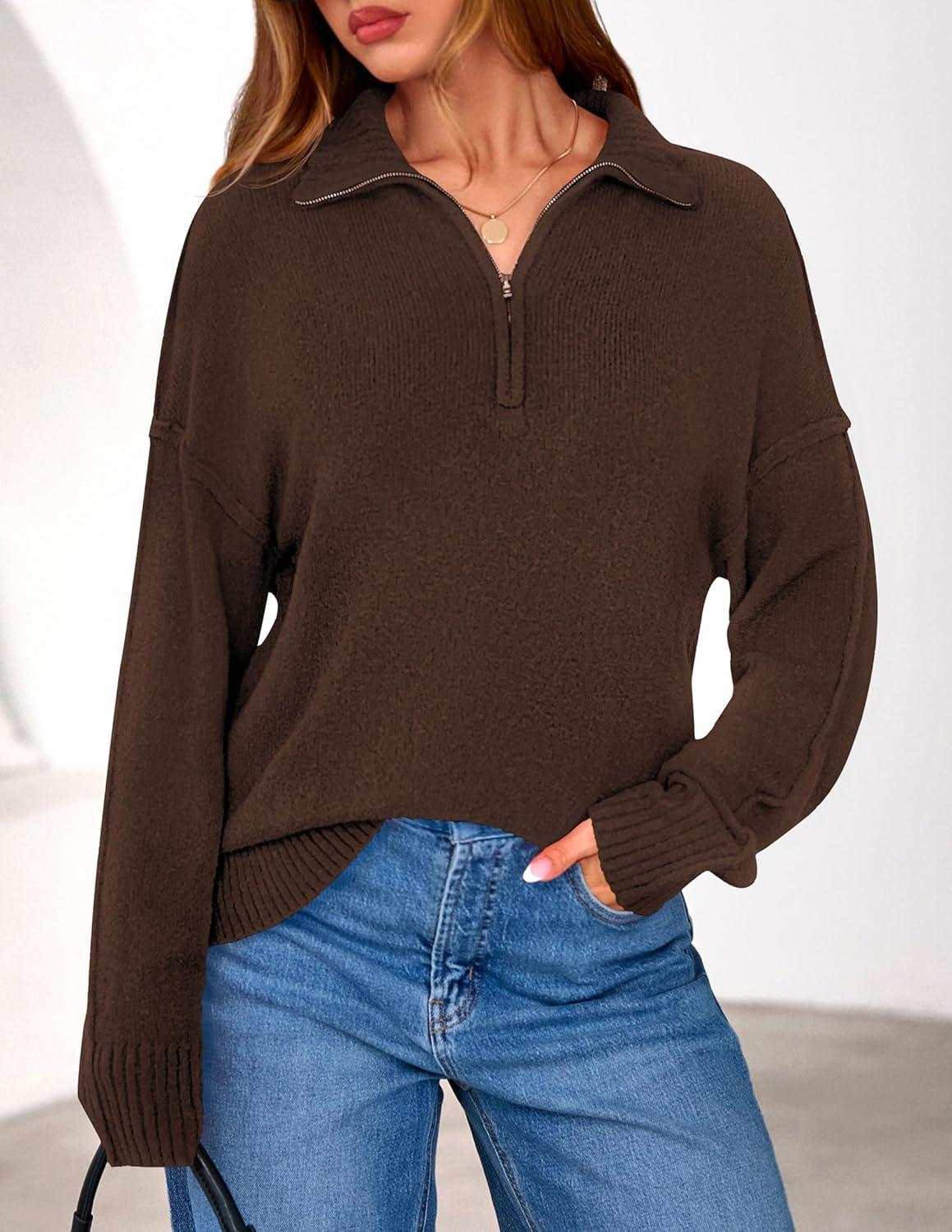 imagePRETTYGARDEN Womens Fall Quarter Zip Pullover Sweaters 2026 Dressy Casual Long Sleeve V Neck Collared Knit Jumper TopsBrown