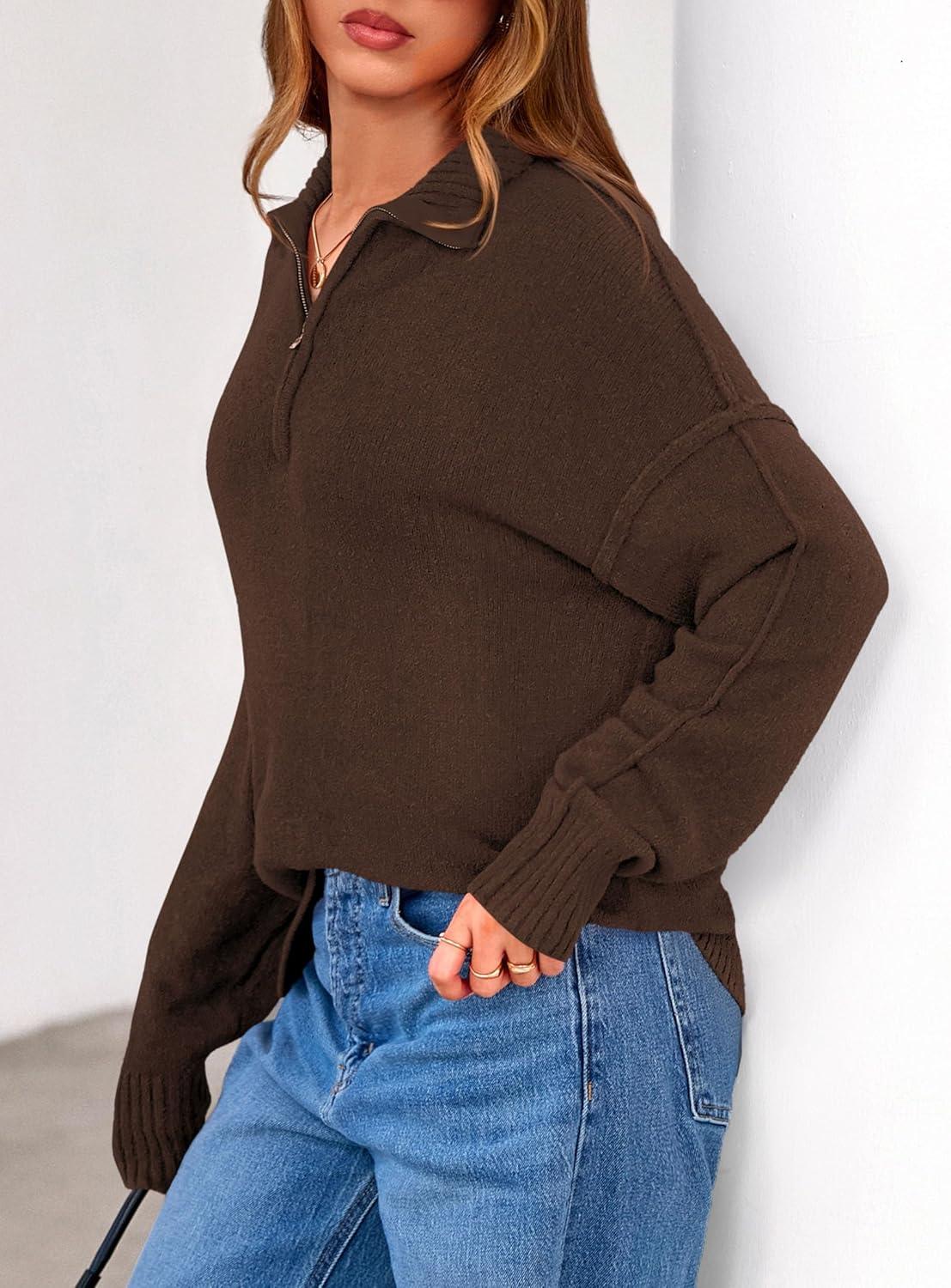 imagePRETTYGARDEN Womens Fall Quarter Zip Pullover Sweaters 2026 Dressy Casual Long Sleeve V Neck Collared Knit Jumper TopsBrown