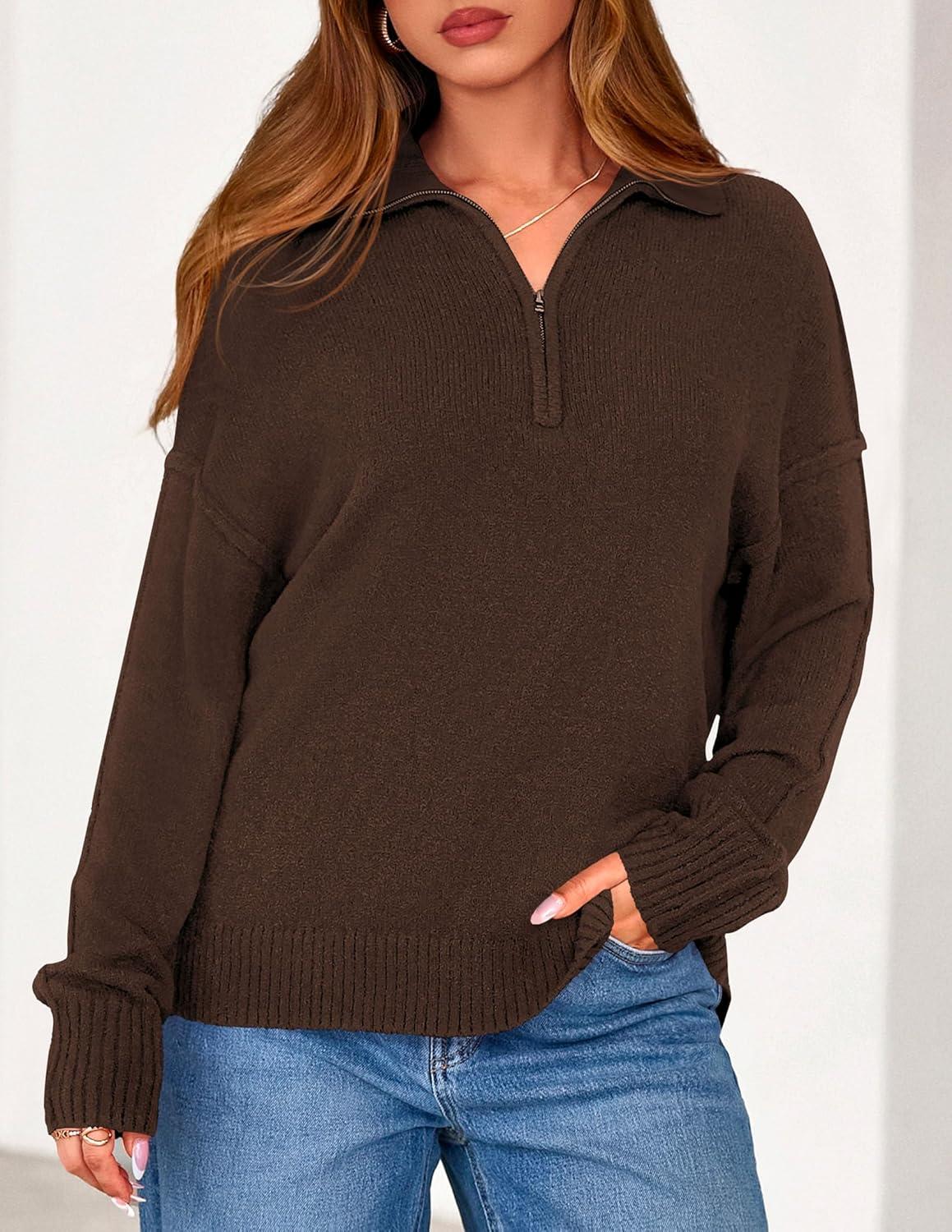 imagePRETTYGARDEN Womens Fall Quarter Zip Pullover Sweaters 2026 Dressy Casual Long Sleeve V Neck Collared Knit Jumper TopsBrown