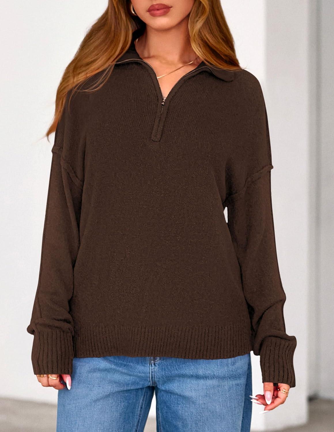 imagePRETTYGARDEN Womens Fall Quarter Zip Pullover Sweaters 2026 Dressy Casual Long Sleeve V Neck Collared Knit Jumper TopsBrown