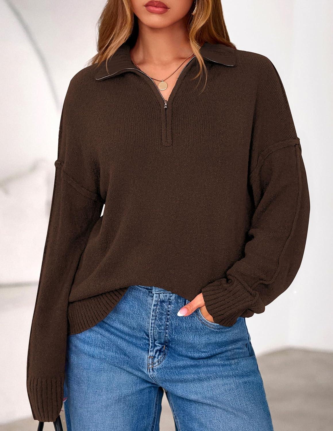 imagePRETTYGARDEN Womens Fall Quarter Zip Pullover Sweaters 2026 Dressy Casual Long Sleeve V Neck Collared Knit Jumper TopsBrown