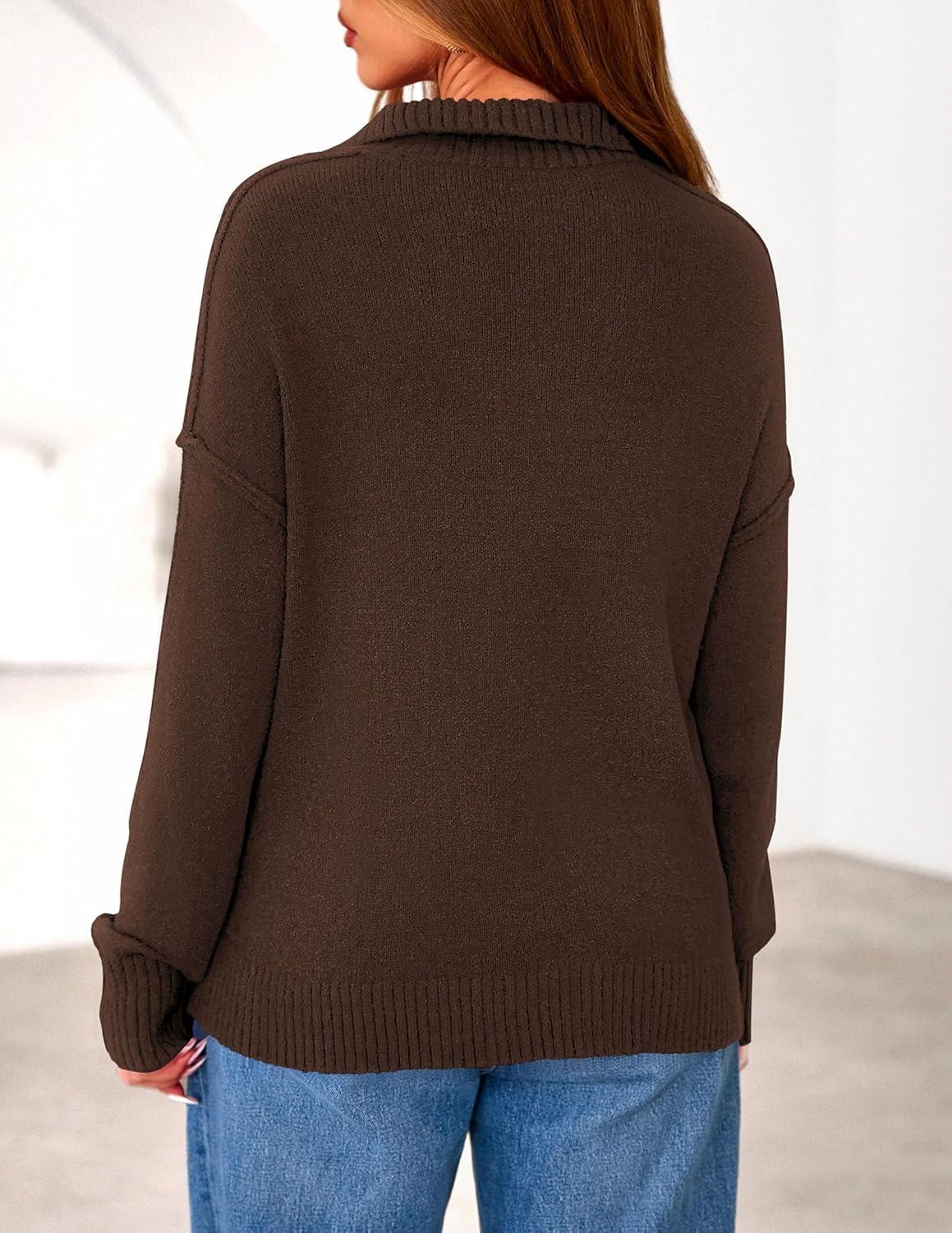 imagePRETTYGARDEN Womens Fall Quarter Zip Pullover Sweaters 2026 Dressy Casual Long Sleeve V Neck Collared Knit Jumper TopsBrown