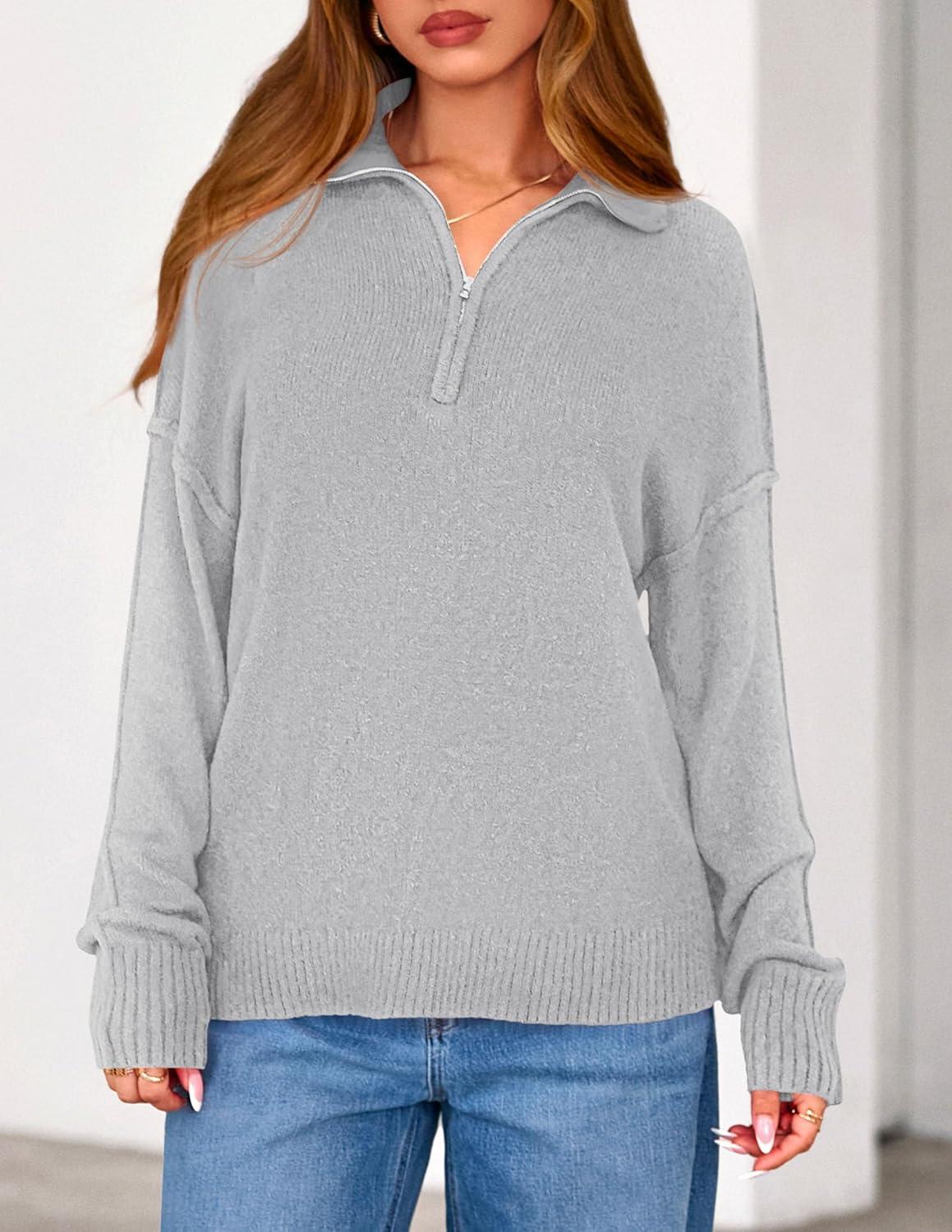 imagePRETTYGARDEN Womens Fall Quarter Zip Pullover Sweaters 2026 Dressy Casual Long Sleeve V Neck Collared Knit Jumper TopsGrey