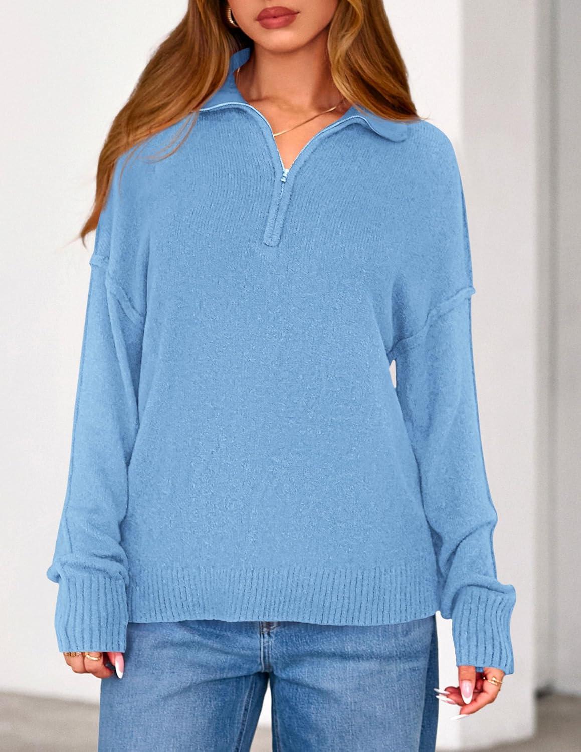 imagePRETTYGARDEN Womens Fall Quarter Zip Pullover Sweaters 2026 Dressy Casual Long Sleeve V Neck Collared Knit Jumper TopsLight Blue