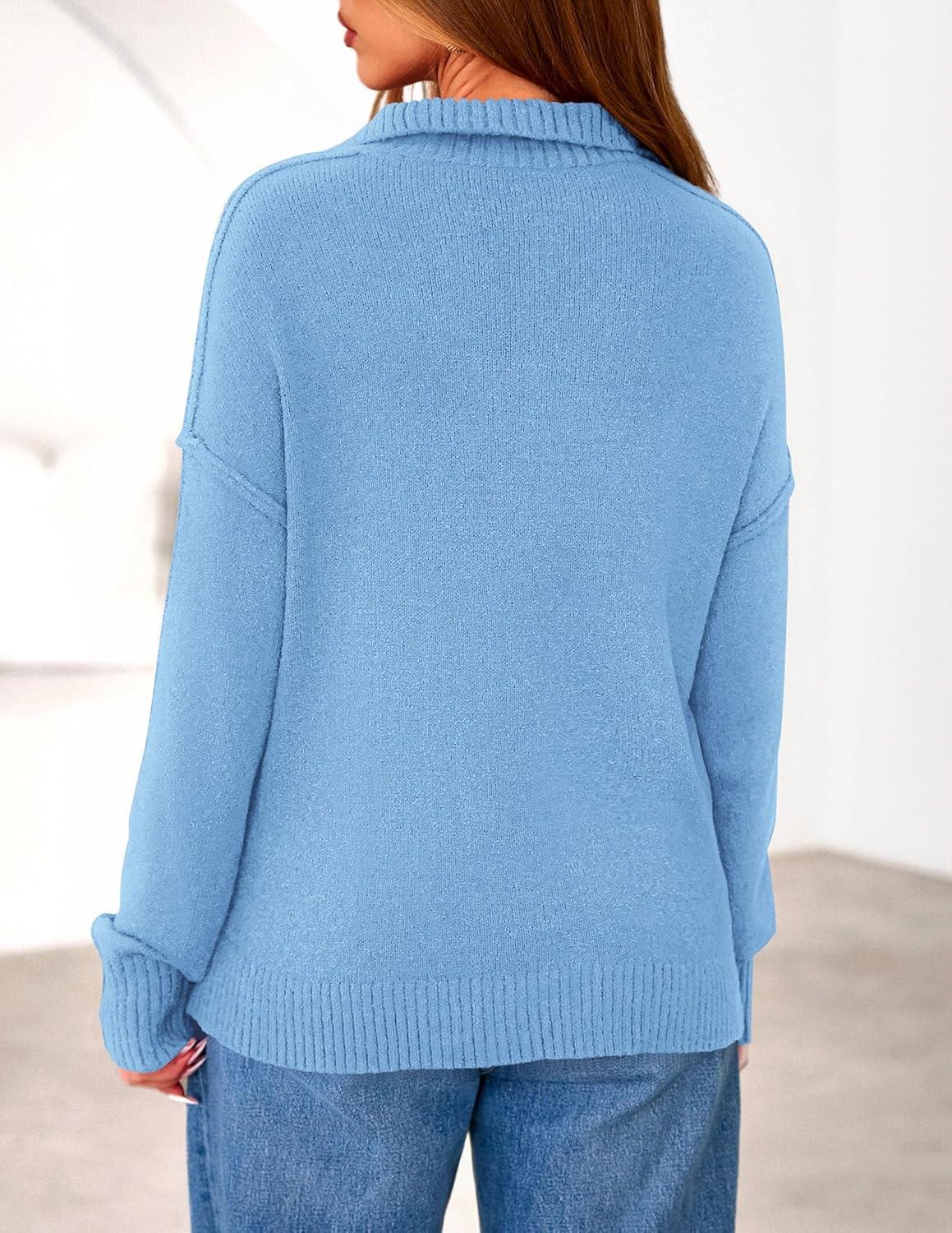 imagePRETTYGARDEN Womens Fall Quarter Zip Pullover Sweaters 2026 Dressy Casual Long Sleeve V Neck Collared Knit Jumper TopsLight Blue
