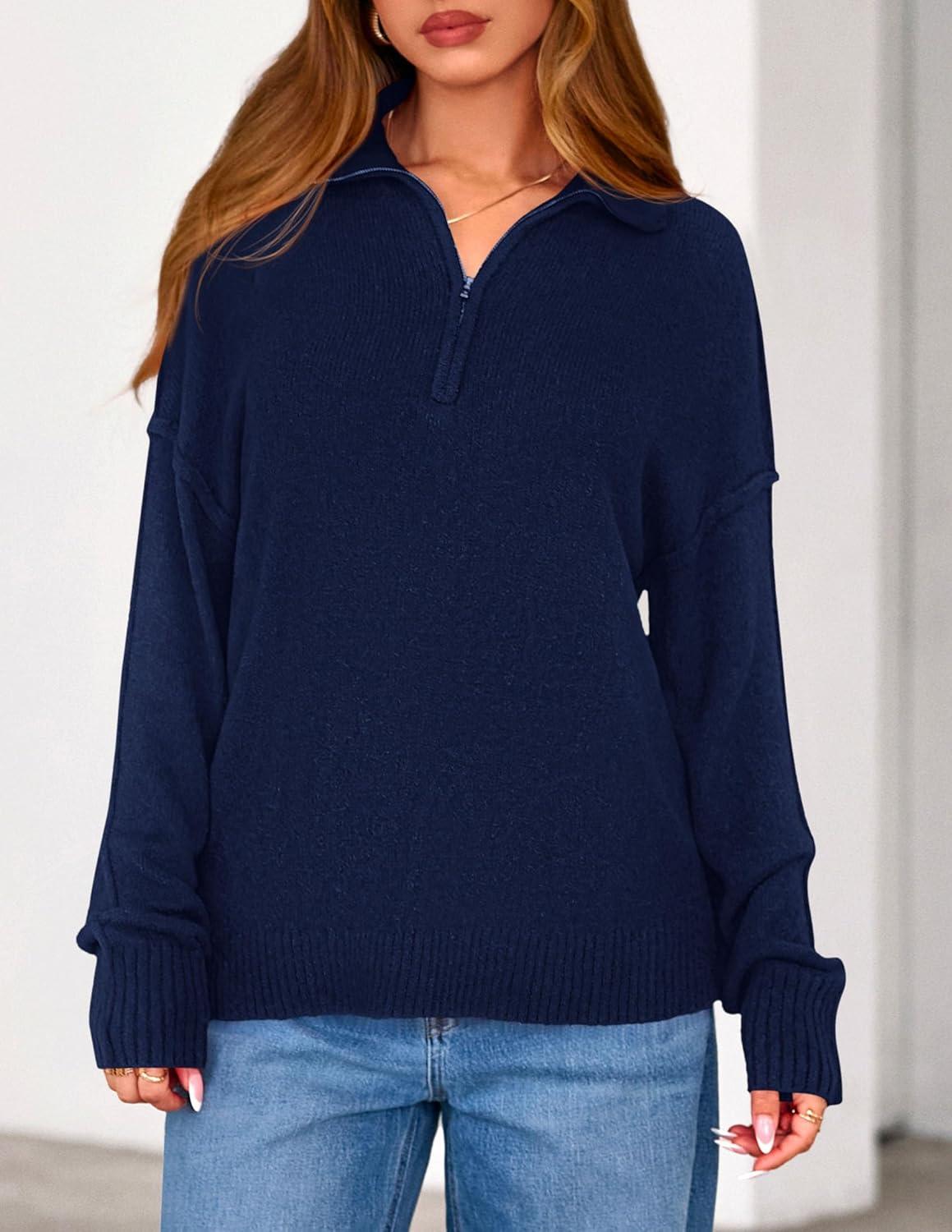 imagePRETTYGARDEN Womens Fall Quarter Zip Pullover Sweaters 2026 Dressy Casual Long Sleeve V Neck Collared Knit Jumper TopsNavy Blue