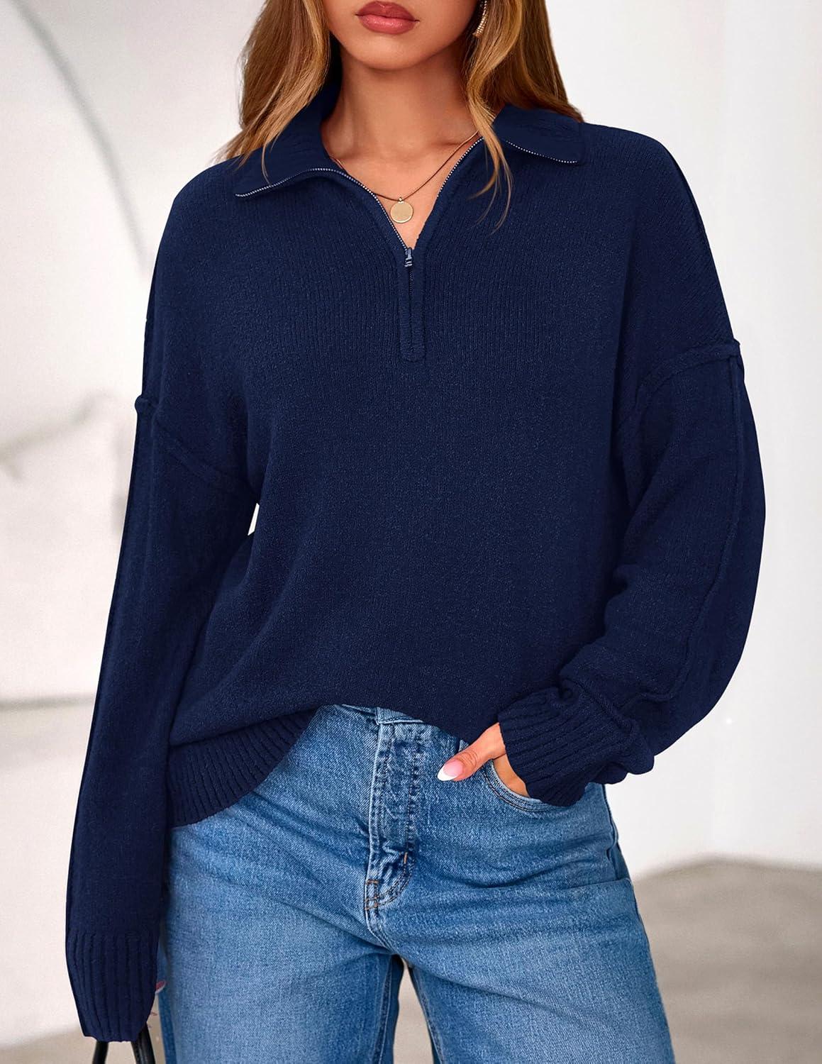 imagePRETTYGARDEN Womens Fall Quarter Zip Pullover Sweaters 2026 Dressy Casual Long Sleeve V Neck Collared Knit Jumper TopsNavy Blue