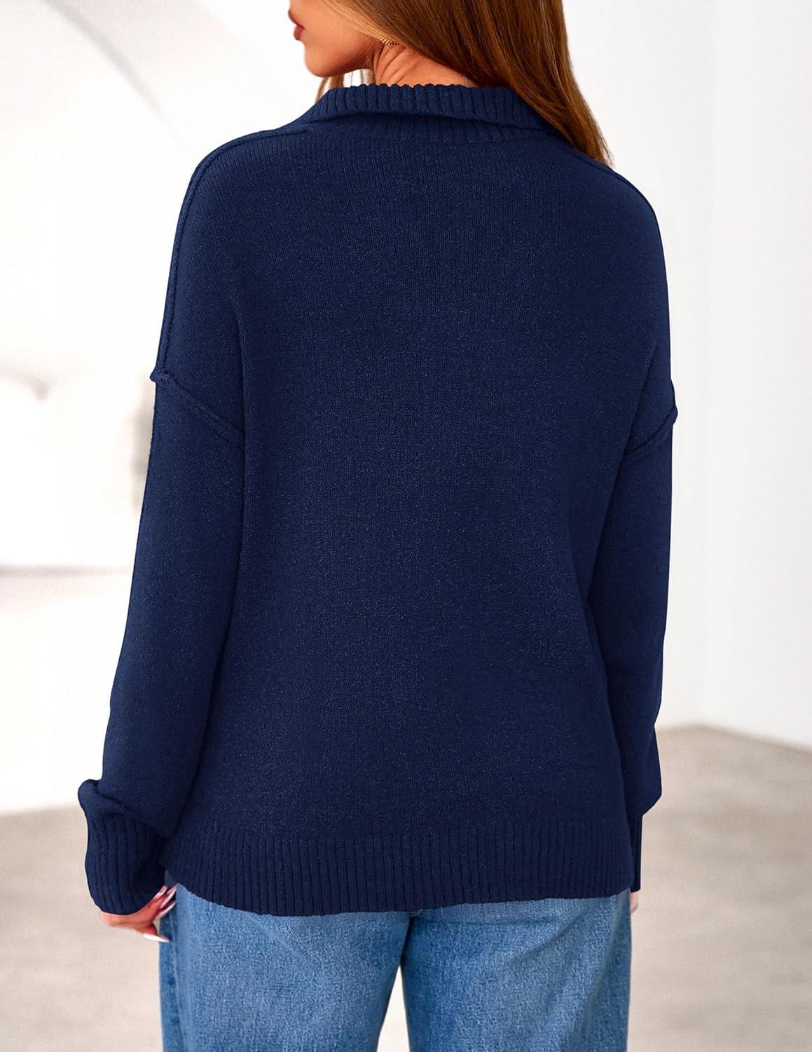 imagePRETTYGARDEN Womens Fall Quarter Zip Pullover Sweaters 2026 Dressy Casual Long Sleeve V Neck Collared Knit Jumper TopsNavy Blue