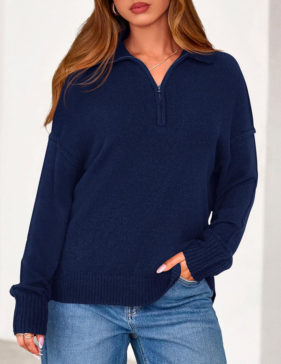 imagePRETTYGARDEN Womens Fall Quarter Zip Pullover Sweaters 2026 Dressy Casual Long Sleeve V Neck Collared Knit Jumper TopsNavy Blue