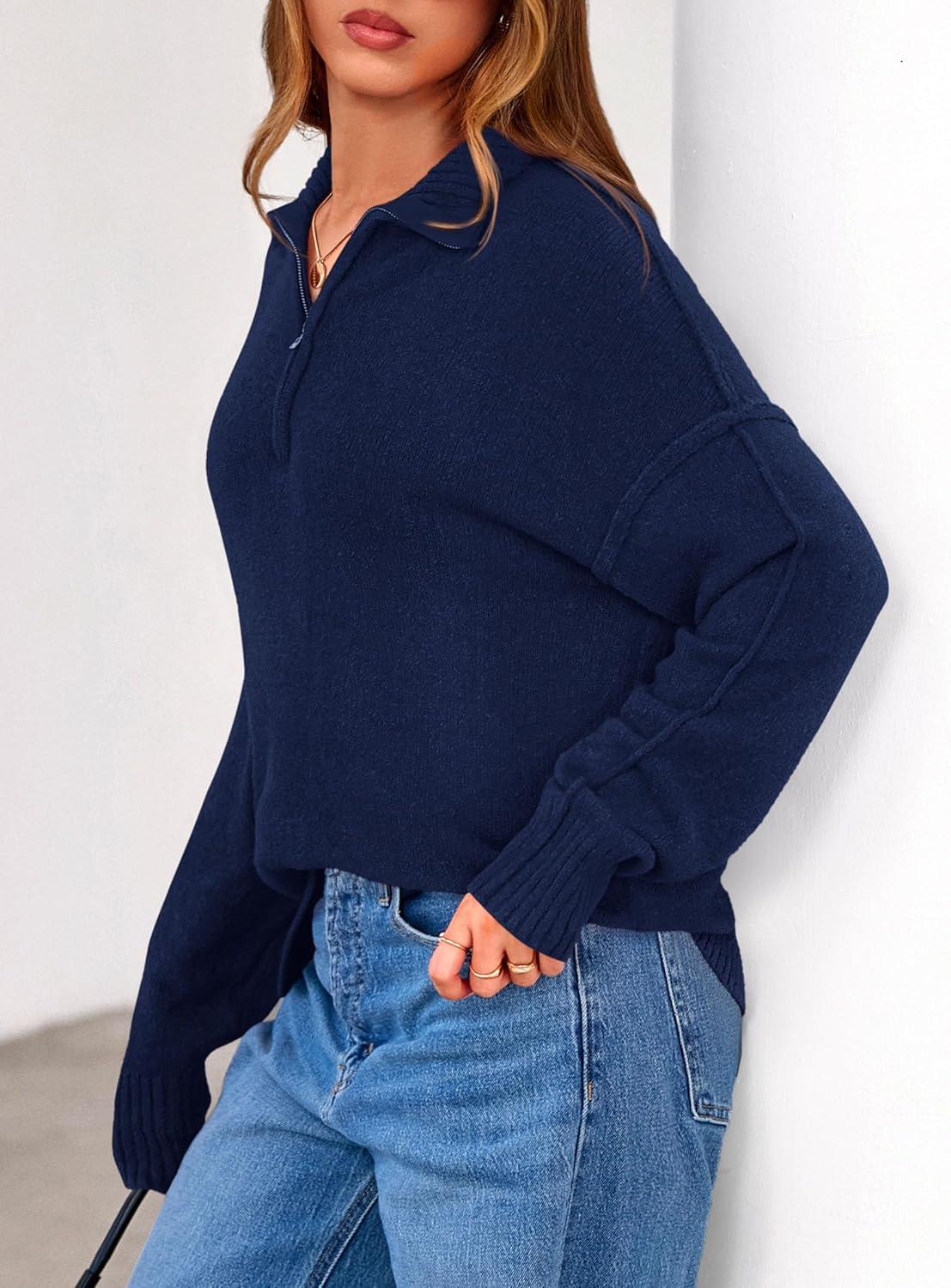 imagePRETTYGARDEN Womens Fall Quarter Zip Pullover Sweaters 2026 Dressy Casual Long Sleeve V Neck Collared Knit Jumper TopsNavy Blue