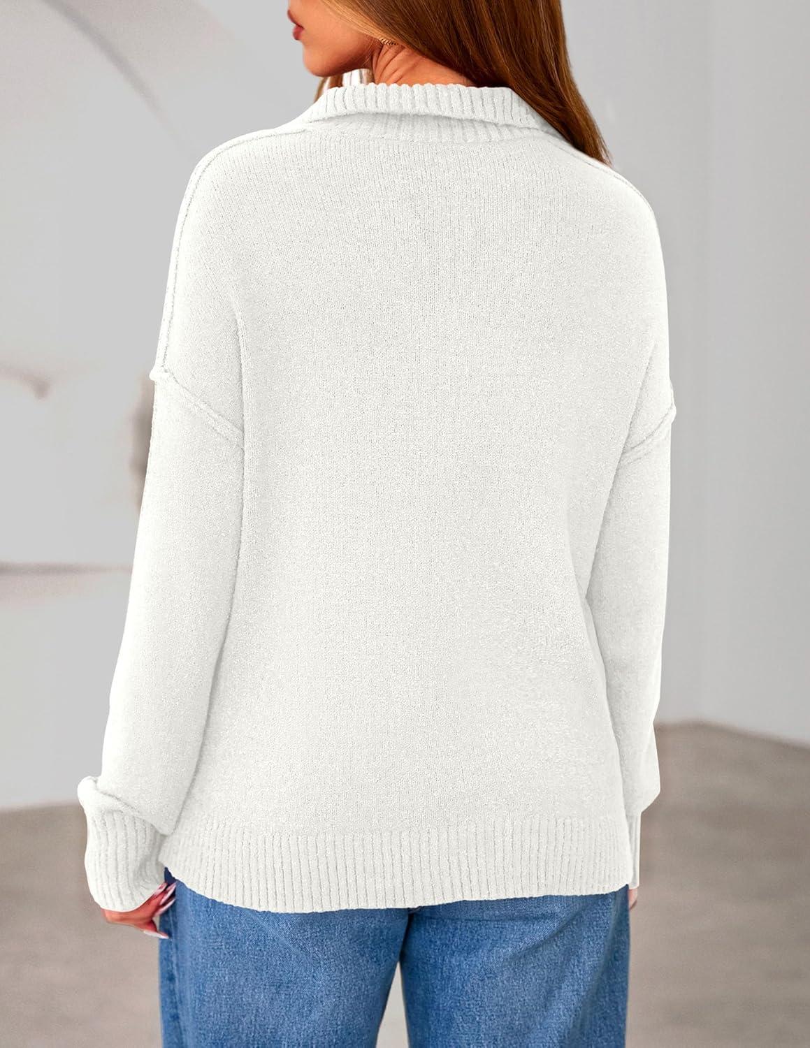 imagePRETTYGARDEN Womens Fall Quarter Zip Pullover Sweaters 2026 Dressy Casual Long Sleeve V Neck Collared Knit Jumper TopsWhite