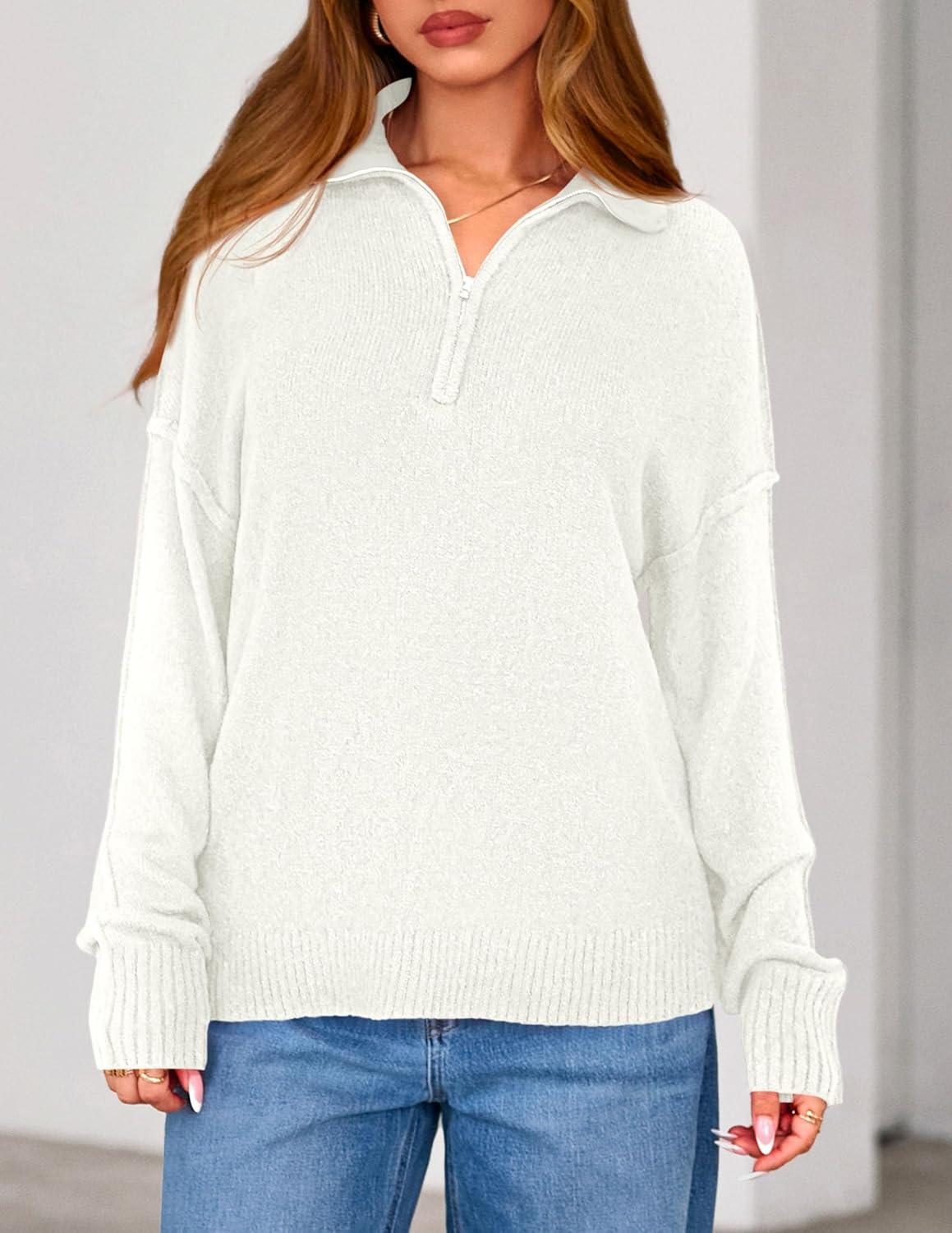 imagePRETTYGARDEN Womens Fall Quarter Zip Pullover Sweaters 2026 Dressy Casual Long Sleeve V Neck Collared Knit Jumper TopsWhite