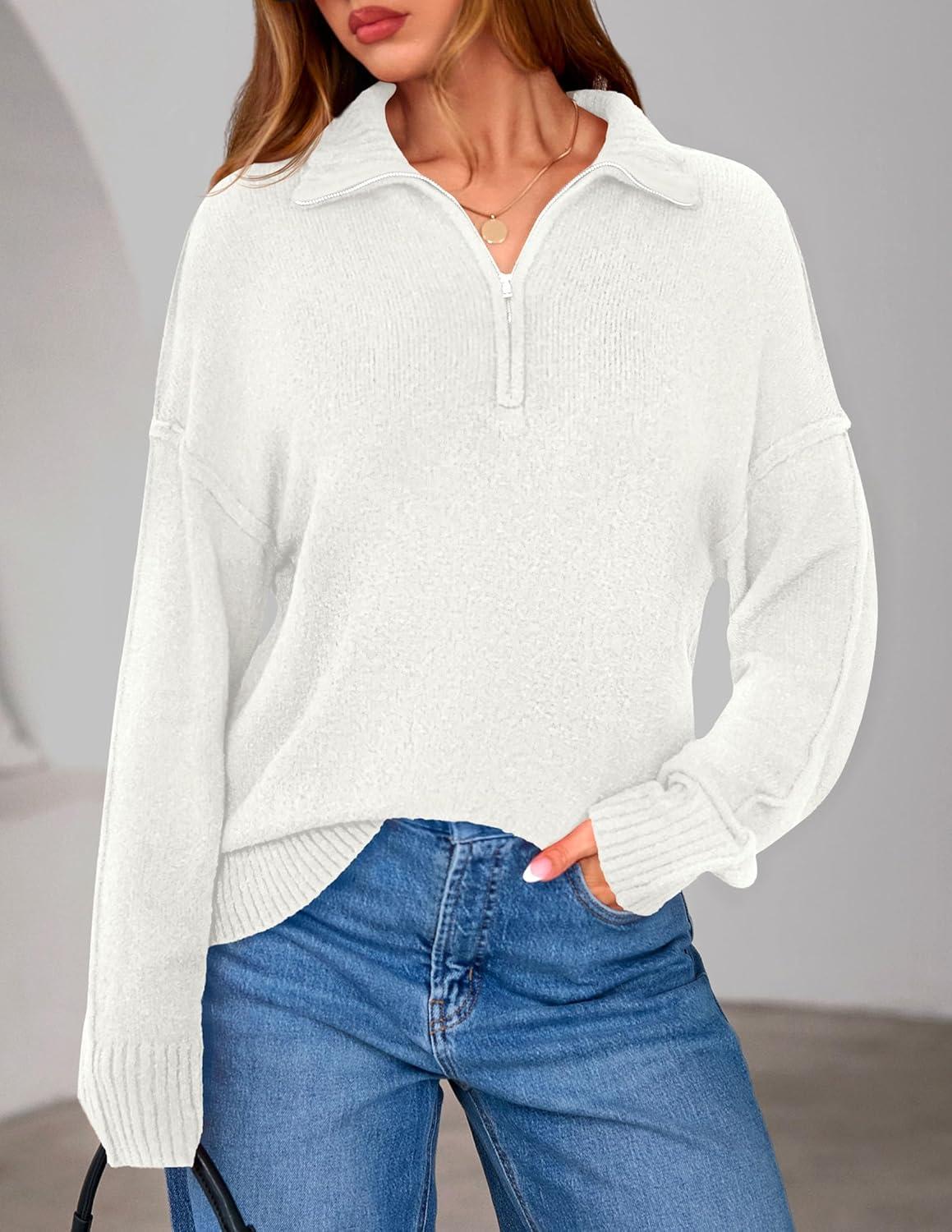 imagePRETTYGARDEN Womens Fall Quarter Zip Pullover Sweaters 2026 Dressy Casual Long Sleeve V Neck Collared Knit Jumper TopsWhite