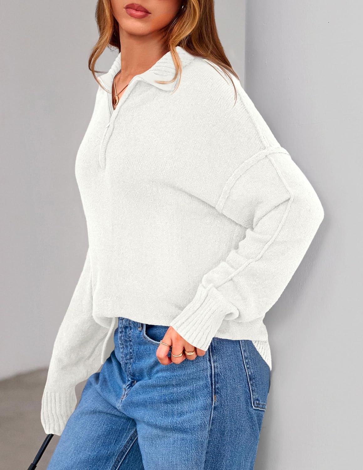 imagePRETTYGARDEN Womens Fall Quarter Zip Pullover Sweaters 2026 Dressy Casual Long Sleeve V Neck Collared Knit Jumper TopsWhite