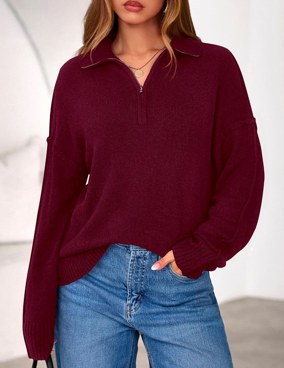 imagePRETTYGARDEN Womens Fall Quarter Zip Pullover Sweaters 2026 Dressy Casual Long Sleeve V Neck Collared Knit Jumper TopsWine Red