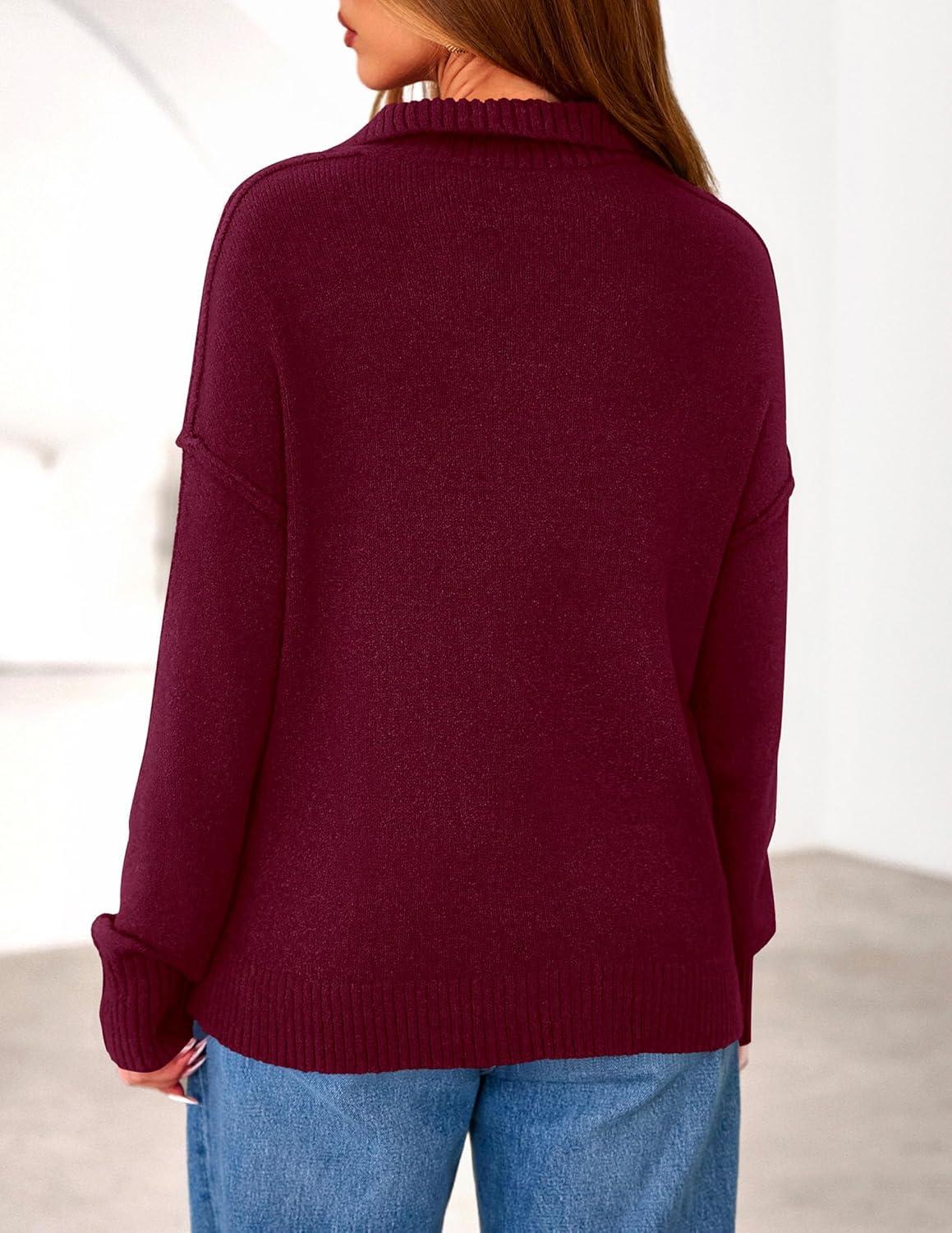 imagePRETTYGARDEN Womens Fall Quarter Zip Pullover Sweaters 2026 Dressy Casual Long Sleeve V Neck Collared Knit Jumper TopsWine Red