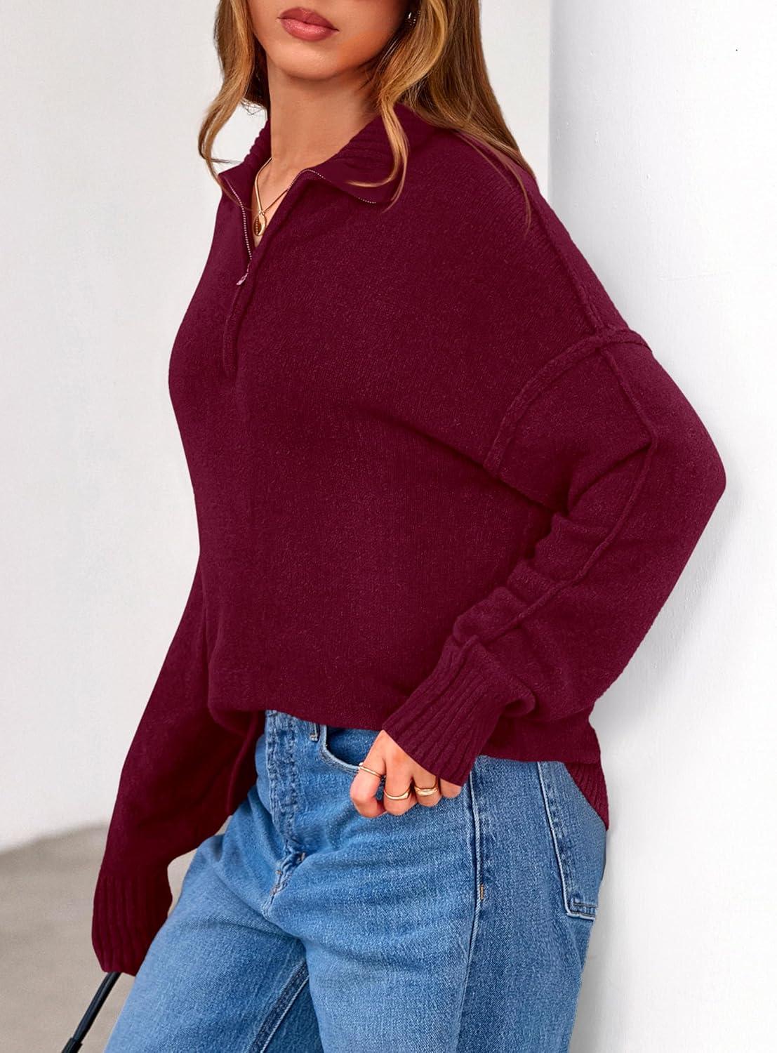 imagePRETTYGARDEN Womens Fall Quarter Zip Pullover Sweaters 2026 Dressy Casual Long Sleeve V Neck Collared Knit Jumper TopsWine Red