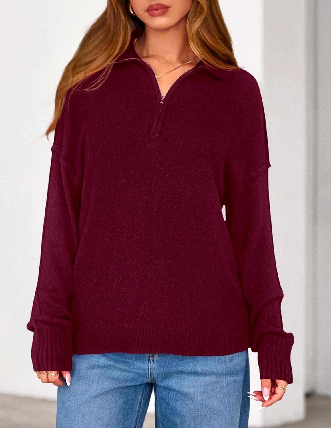 imagePRETTYGARDEN Womens Fall Quarter Zip Pullover Sweaters 2026 Dressy Casual Long Sleeve V Neck Collared Knit Jumper TopsWine Red