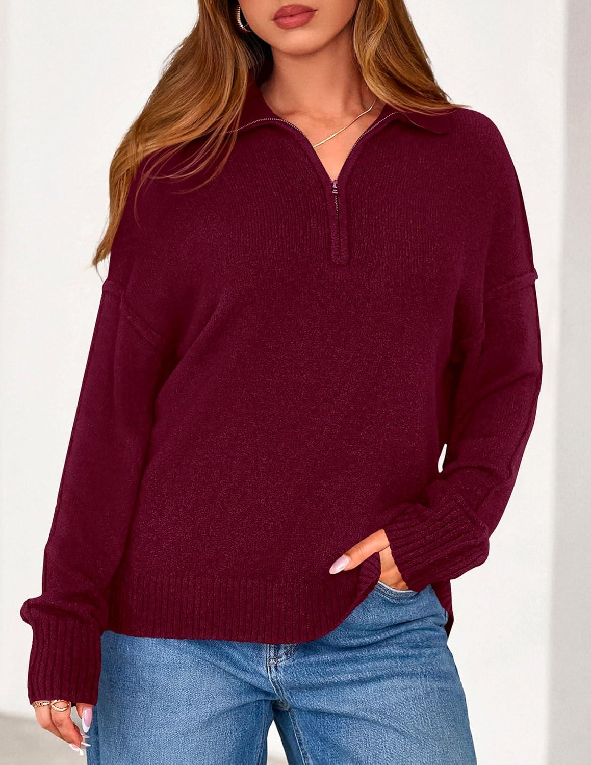 imagePRETTYGARDEN Womens Fall Quarter Zip Pullover Sweaters 2026 Dressy Casual Long Sleeve V Neck Collared Knit Jumper TopsWine Red