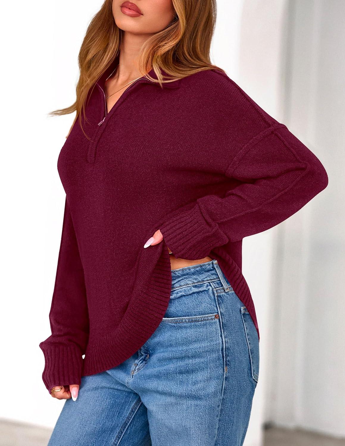 imagePRETTYGARDEN Womens Fall Quarter Zip Pullover Sweaters 2026 Dressy Casual Long Sleeve V Neck Collared Knit Jumper TopsWine Red