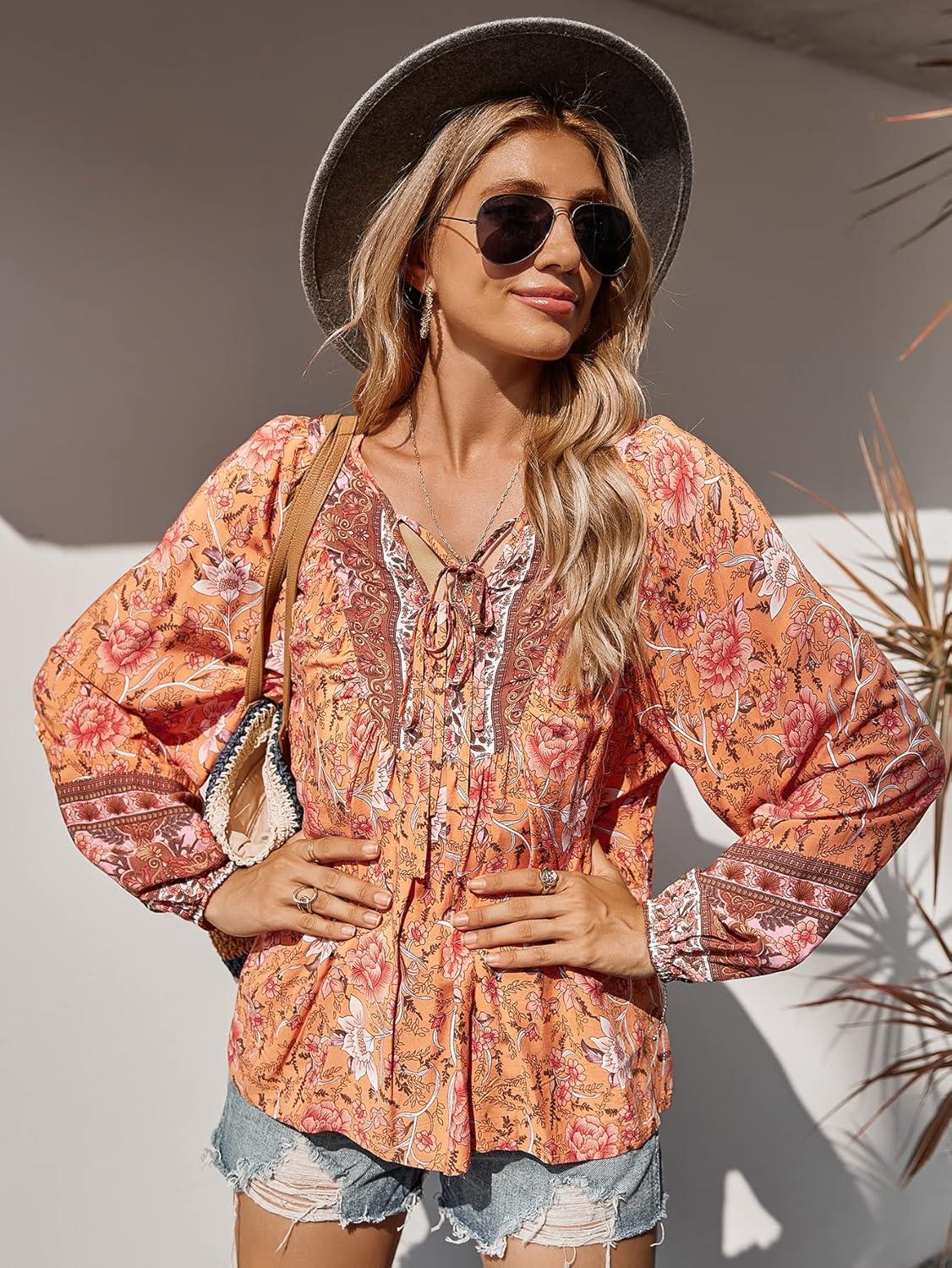 imagePRETTYGARDEN Womens Floral Ruffled Tunic Blouse Tie V Neck Casual Long Sleeve Babydoll Peplum Tops01OrangeLarge