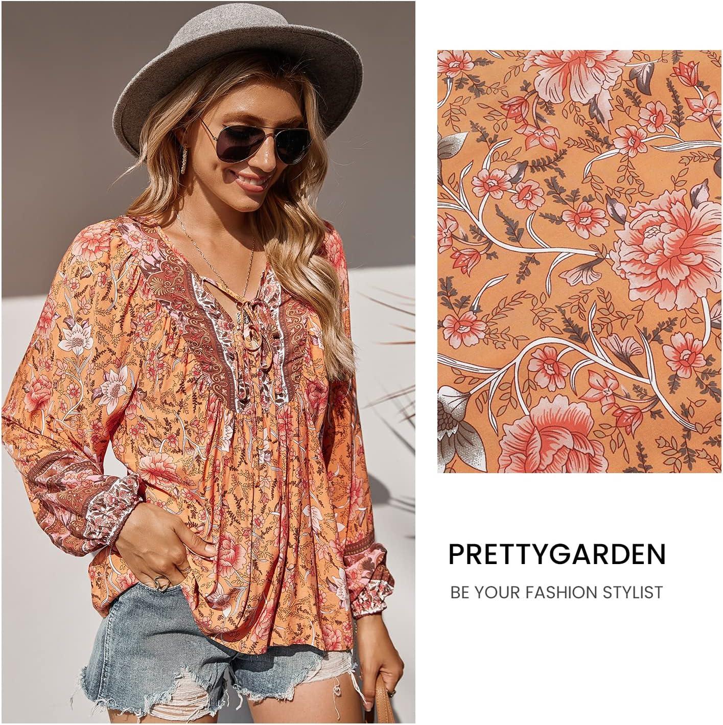 imagePRETTYGARDEN Womens Floral Ruffled Tunic Blouse Tie V Neck Casual Long Sleeve Babydoll Peplum Tops01OrangeLarge