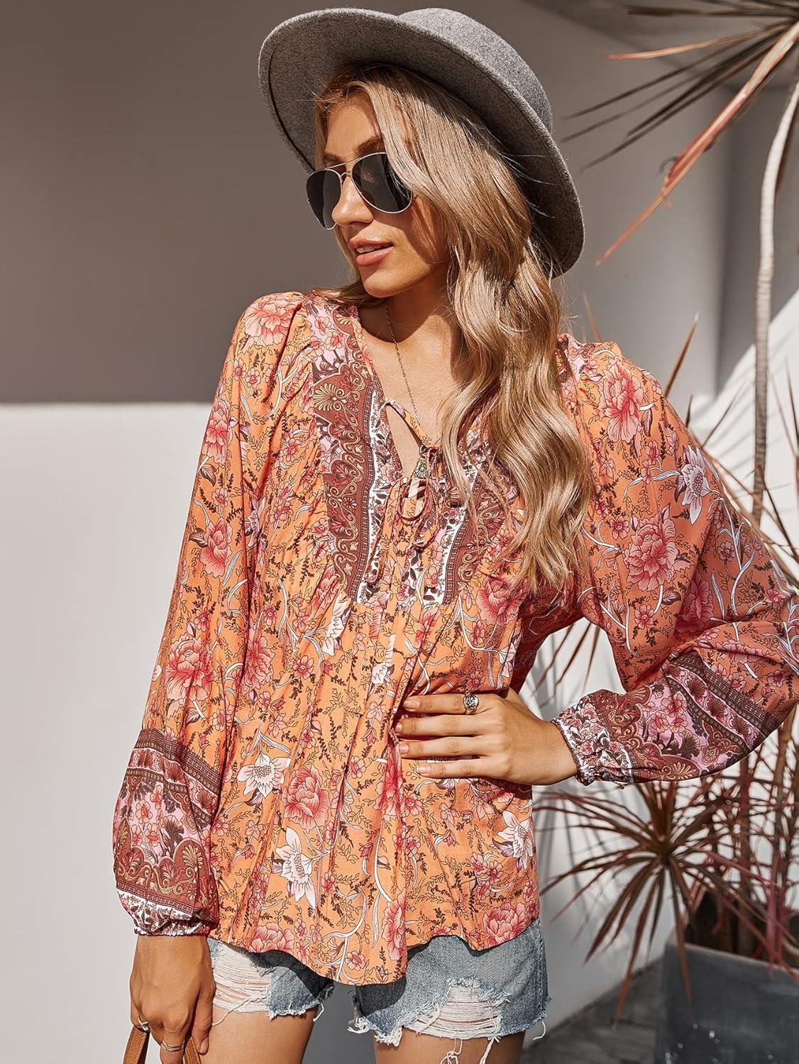 imagePRETTYGARDEN Womens Floral Ruffled Tunic Blouse Tie V Neck Casual Long Sleeve Babydoll Peplum Tops01OrangeLarge