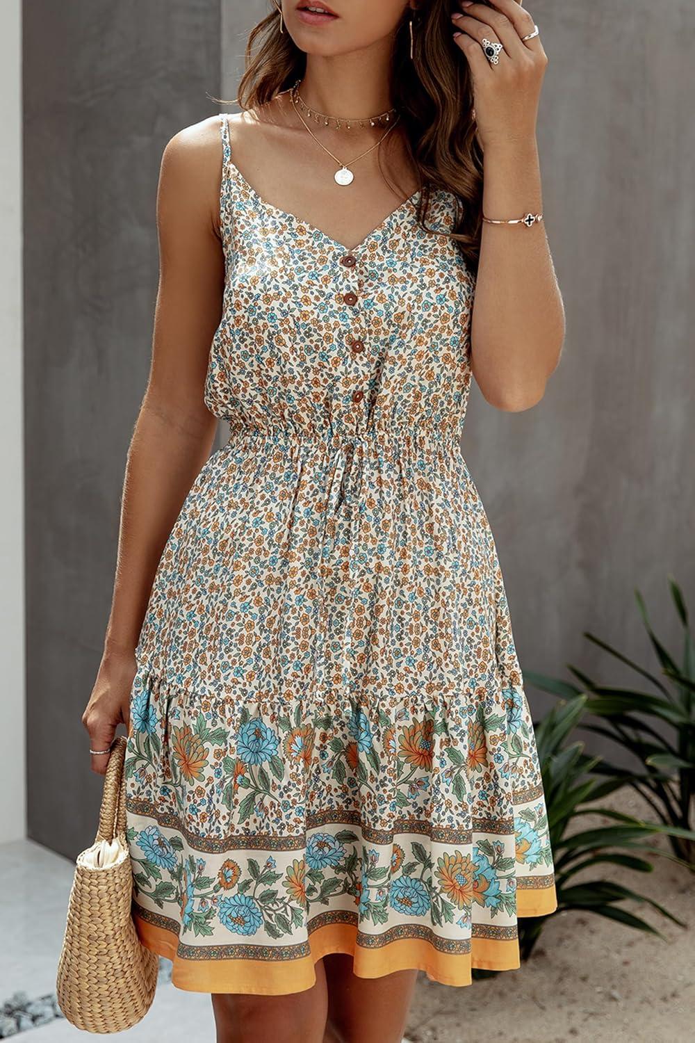 imagePRETTYGARDEN Womens Floral V Neck Spaghetti Strap Button Down Sundress Swing Ruffle Summer Mini Short Dress