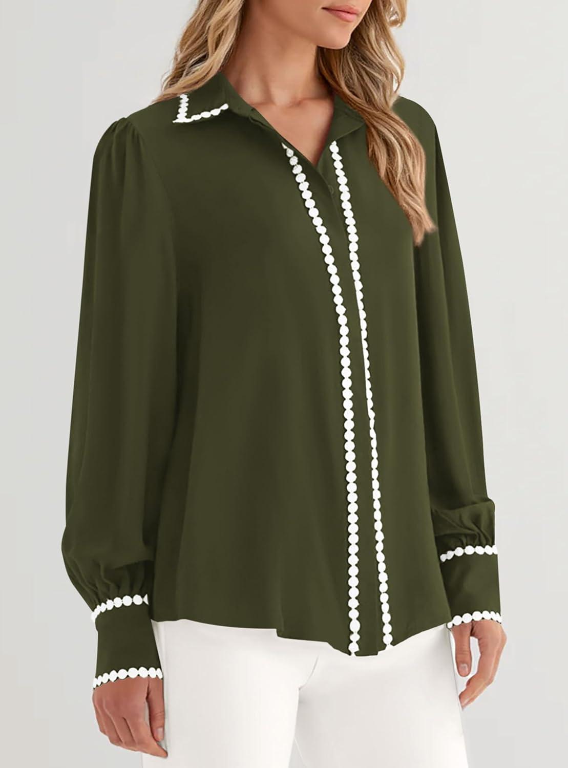 imagePRETTYGARDEN Womens Long Sleeve Button Down Shirts 2026 Trendy V Neck Loose Fit Fall Tops Collared Dressy Casual BlousesArmy Green
