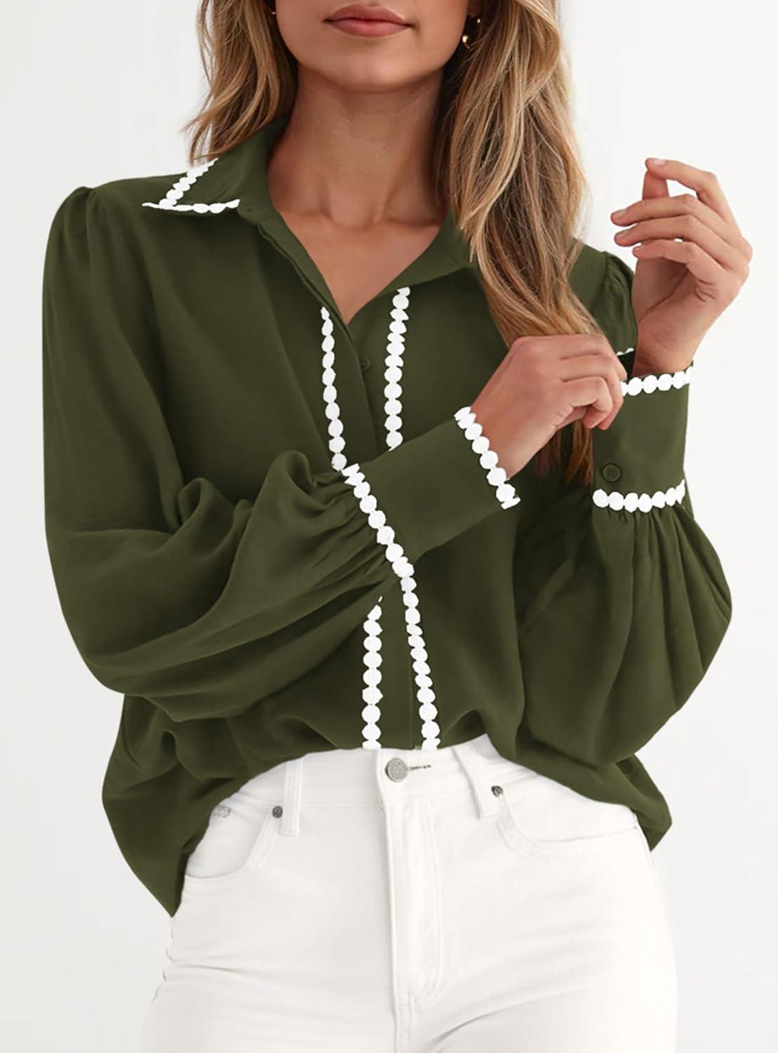 imagePRETTYGARDEN Womens Long Sleeve Button Down Shirts 2026 Trendy V Neck Loose Fit Fall Tops Collared Dressy Casual BlousesArmy Green