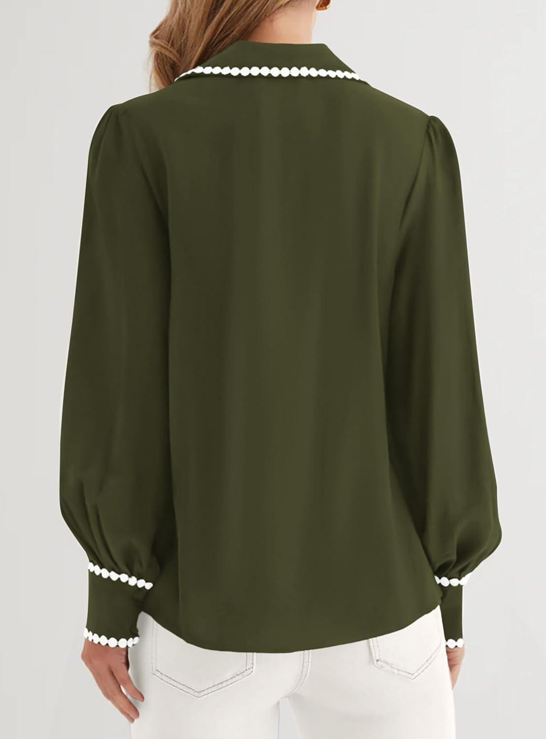 imagePRETTYGARDEN Womens Long Sleeve Button Down Shirts 2026 Trendy V Neck Loose Fit Fall Tops Collared Dressy Casual BlousesArmy Green