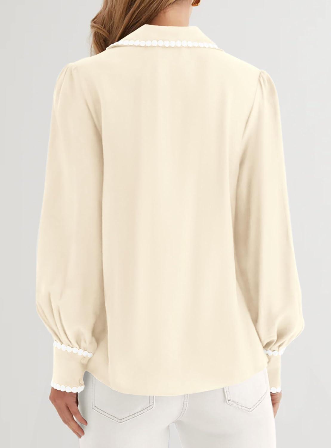 imagePRETTYGARDEN Womens Long Sleeve Button Down Shirts 2026 Trendy V Neck Loose Fit Fall Tops Collared Dressy Casual BlousesBeige