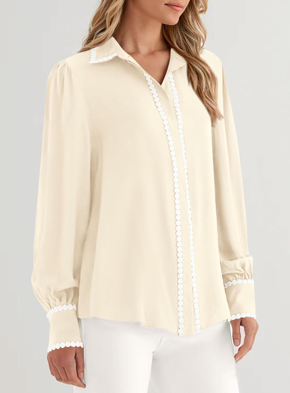 imagePRETTYGARDEN Womens Long Sleeve Button Down Shirts 2026 Trendy V Neck Loose Fit Fall Tops Collared Dressy Casual BlousesBeige