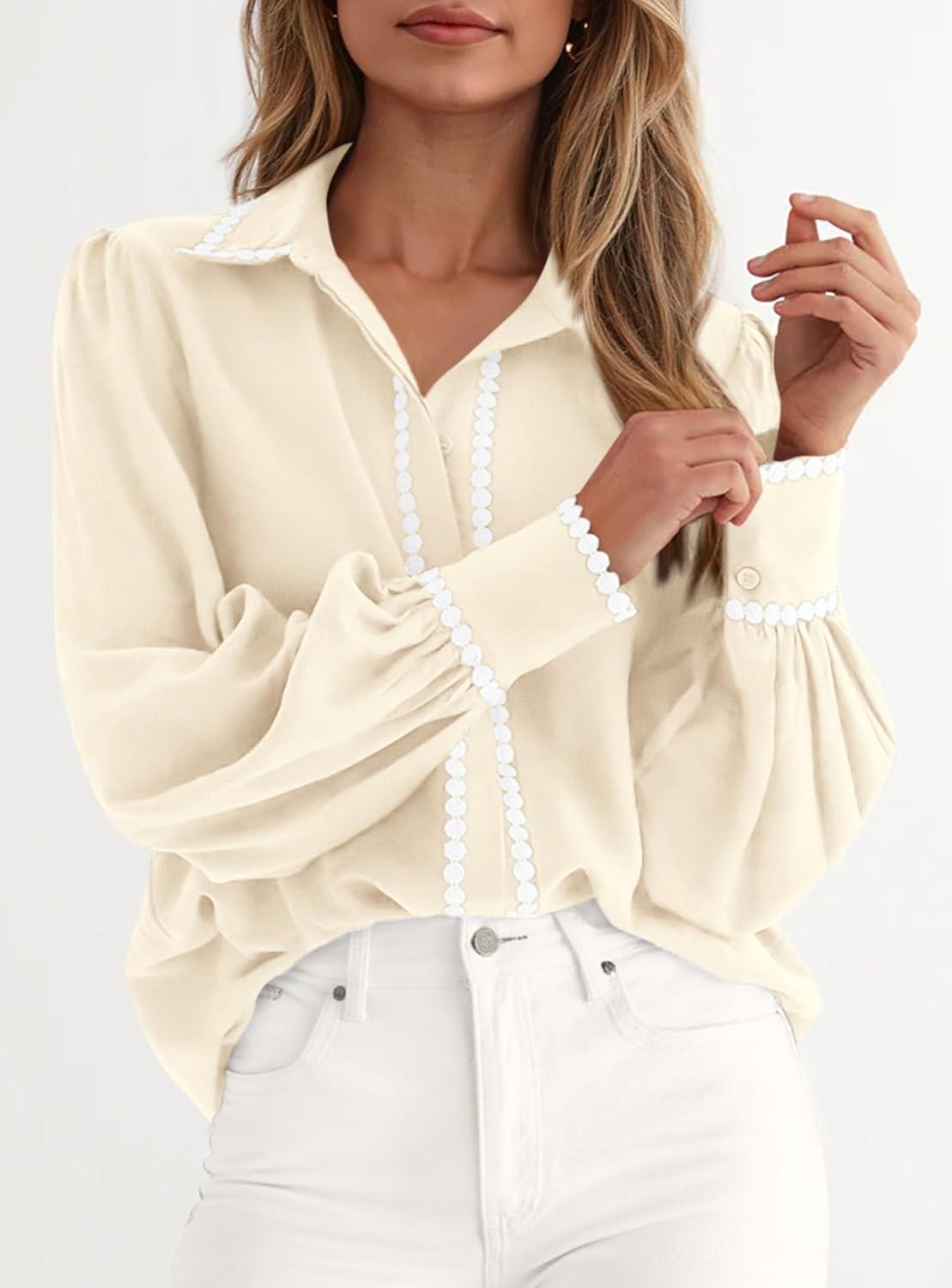imagePRETTYGARDEN Womens Long Sleeve Button Down Shirts 2026 Trendy V Neck Loose Fit Fall Tops Collared Dressy Casual BlousesBeige