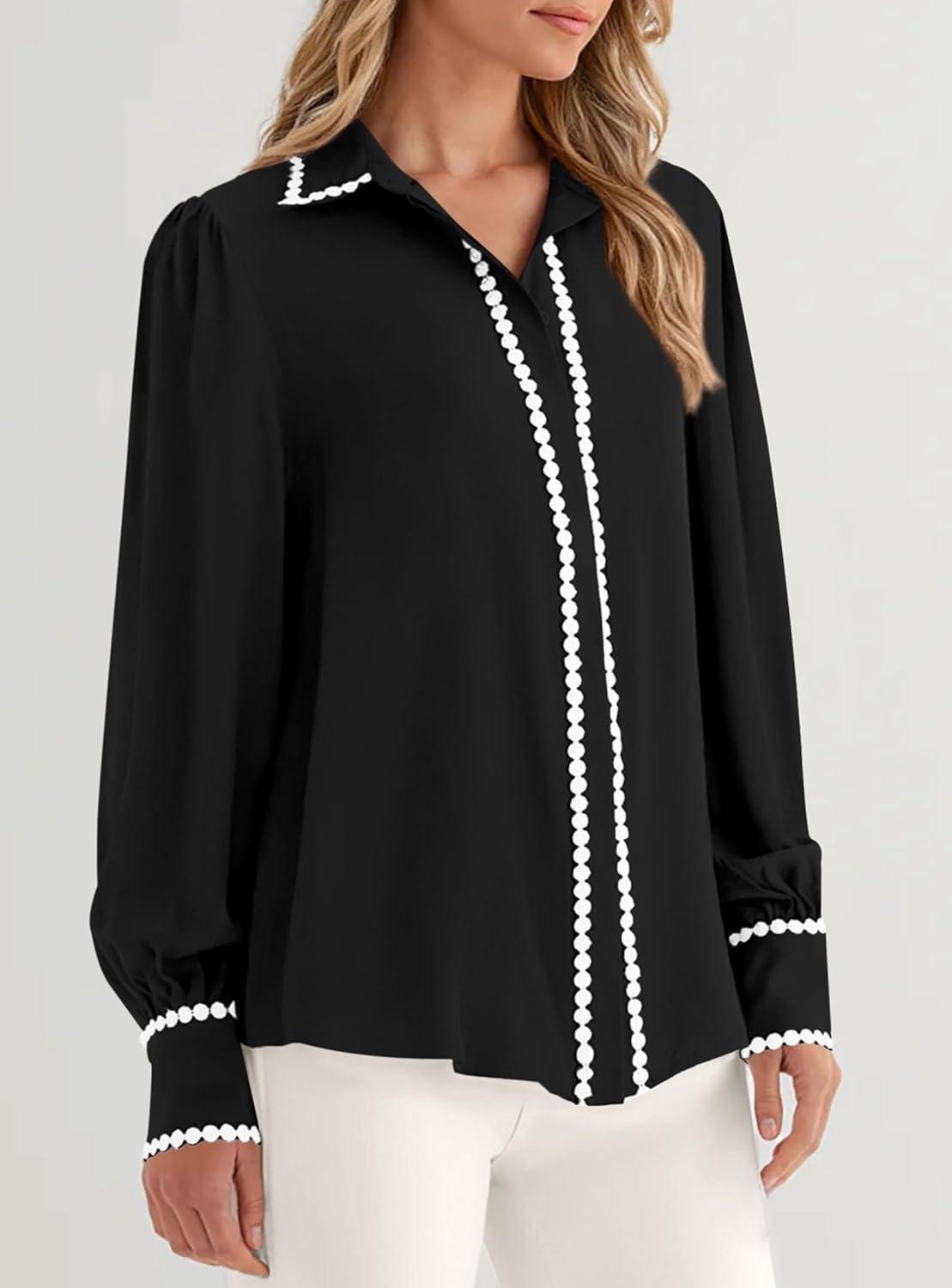 imagePRETTYGARDEN Womens Long Sleeve Button Down Shirts 2026 Trendy V Neck Loose Fit Fall Tops Collared Dressy Casual BlousesBlack